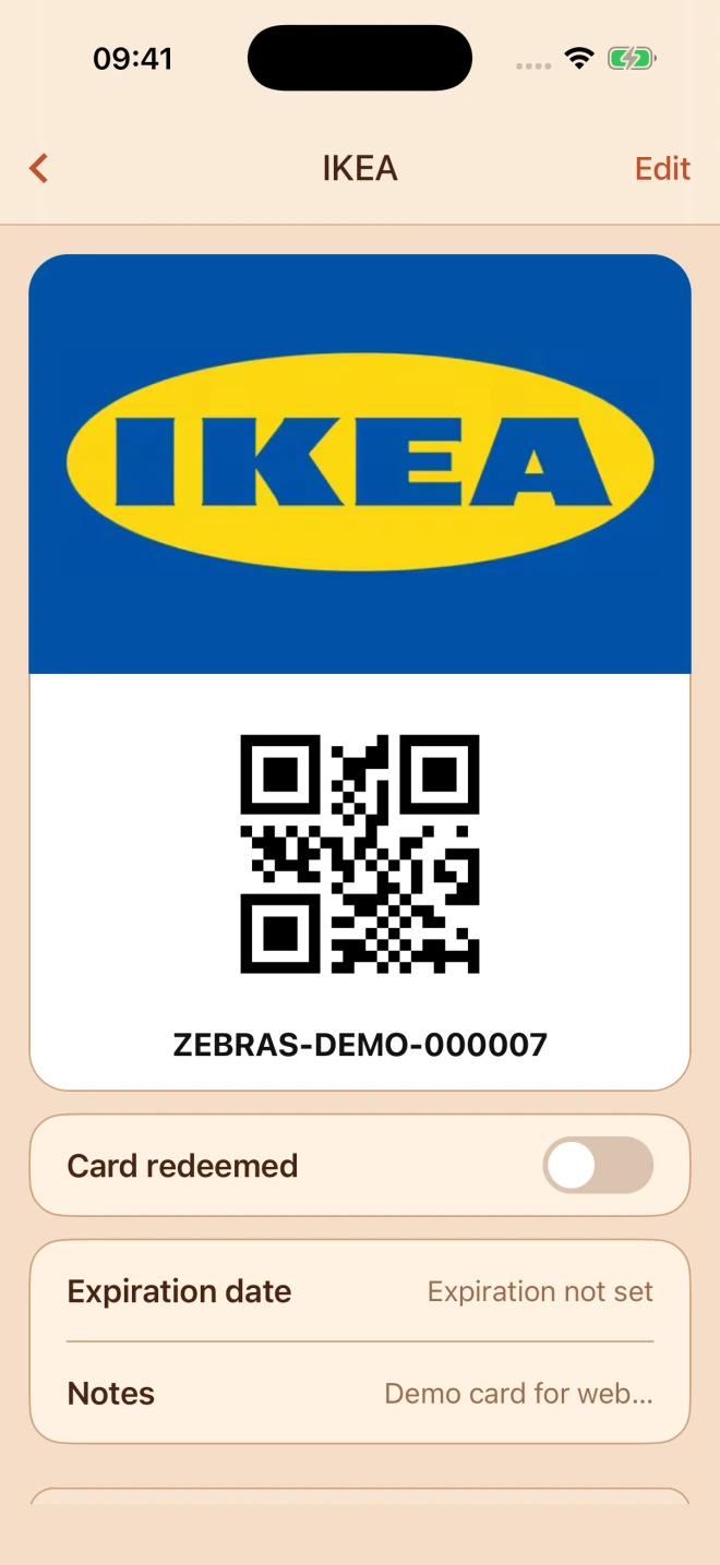 IKEA demo gift card with a saved QR code in Zebras