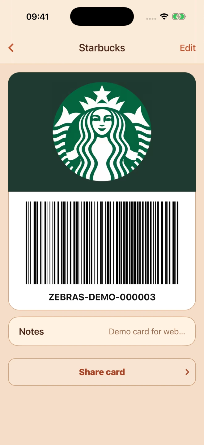 Starbucks demo card with its saved barcode and Share card button