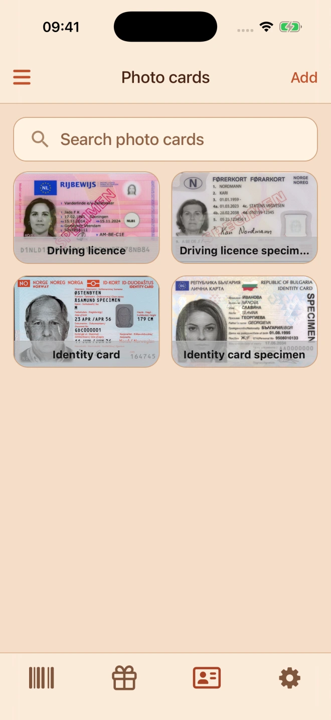Zebras Photo cards with Dutch, Norwegian and Bulgarian specimen identity cards and driving licences